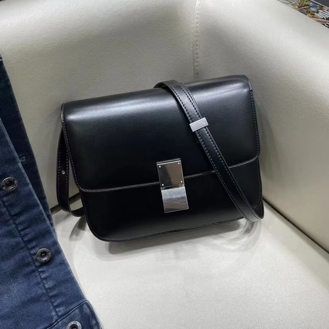 Silver Lock Box Black Women\'s Bag Luxury Crossbody Bag Tofu Square Shoulder Bag Messenger Real Leather Flap Lady Handbag 2023