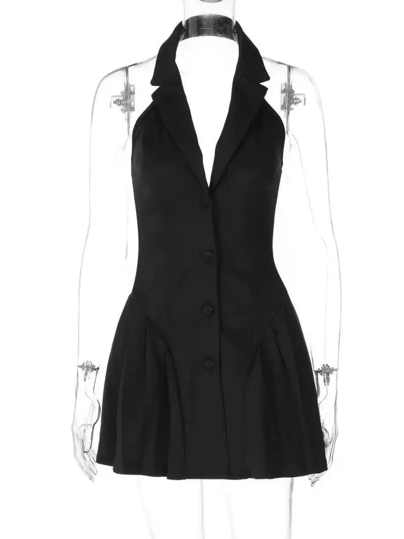 White Tank Mini Dress V Neck Sexy Women JK Dress  A-line Large Swing Pleated Short Low Cut Backless Slimming Dress Elegant TDC8