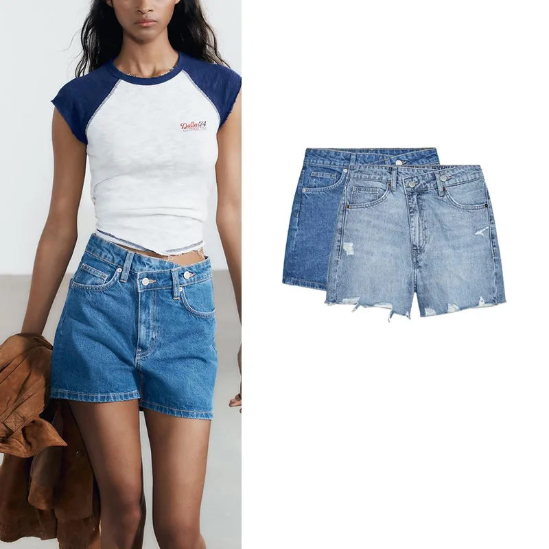Summer New Women's Casual Loose Comfortable Fit Cross Waist Denim orts Straight Leg Wide Leg Low Waist Zipper Sle