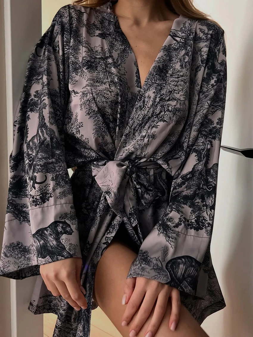 

Marthaqiqi Winter Women Pajamas Long Sleeve Sleepwear Lace Up Nightwear Long Sleeve Robe Printing Mini Dress Casual Home Clothes