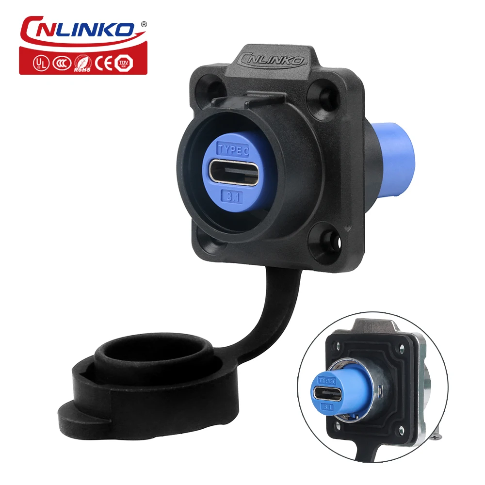 CNLINKO LP16 Waterproof Type-C USB 3.1 5A Female Socket Jacks Panel Mount USB C Connector for Fast Charging Data Transfer 10Gbps