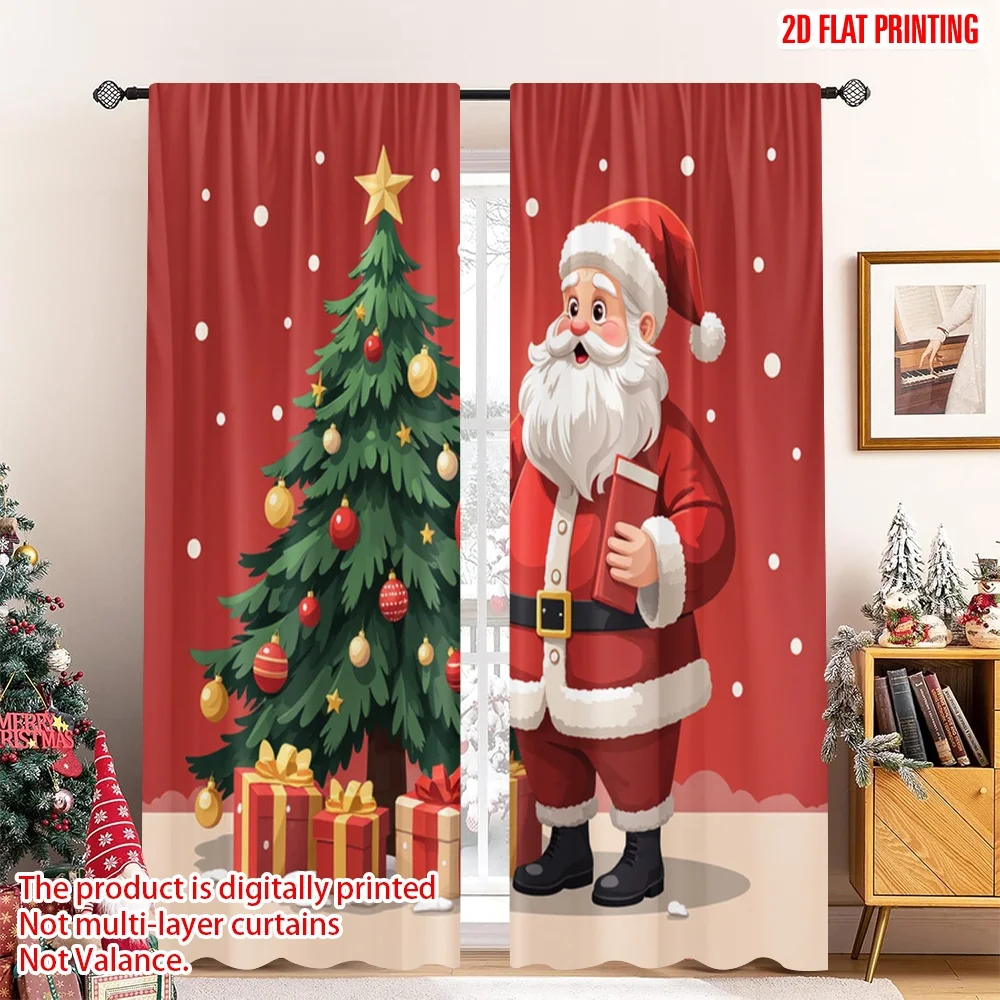 

2pcs 2D flat printing Christmas Curtains Santa Reading Christmas Tree Presents Fabric Without Electricity Birthday Party for