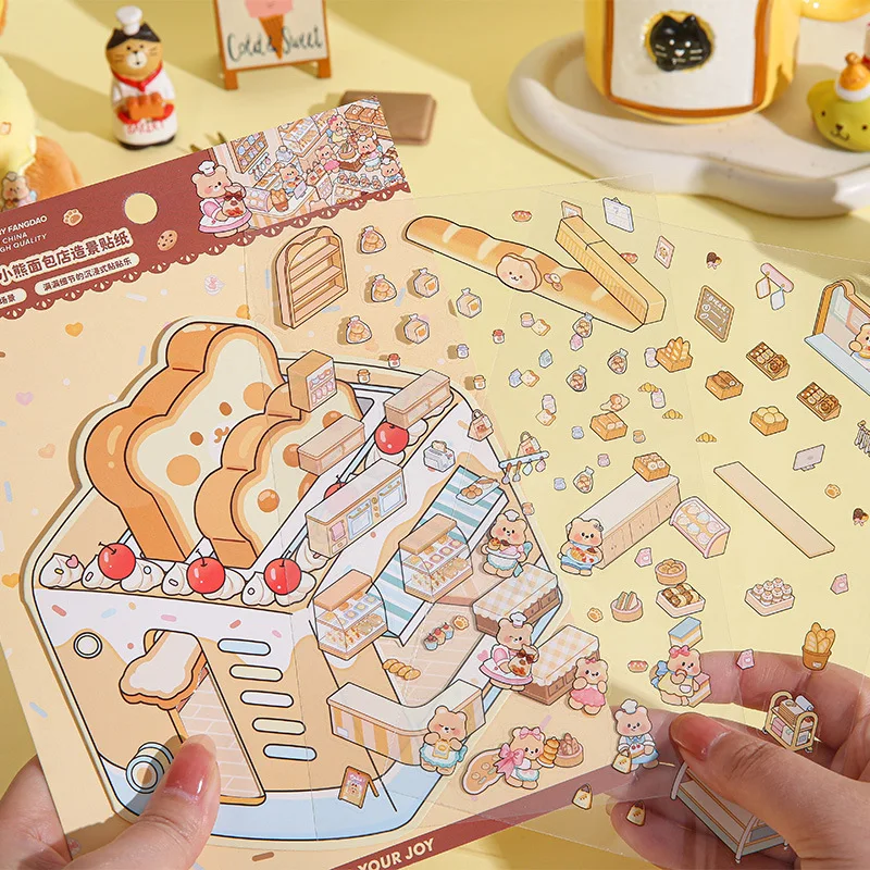 Cream Bear PET Diorama Stickers Korean Style Cartoon Scrapbook Decals for Journal DIY Cute 3D Scene Decoration Kids Gifts