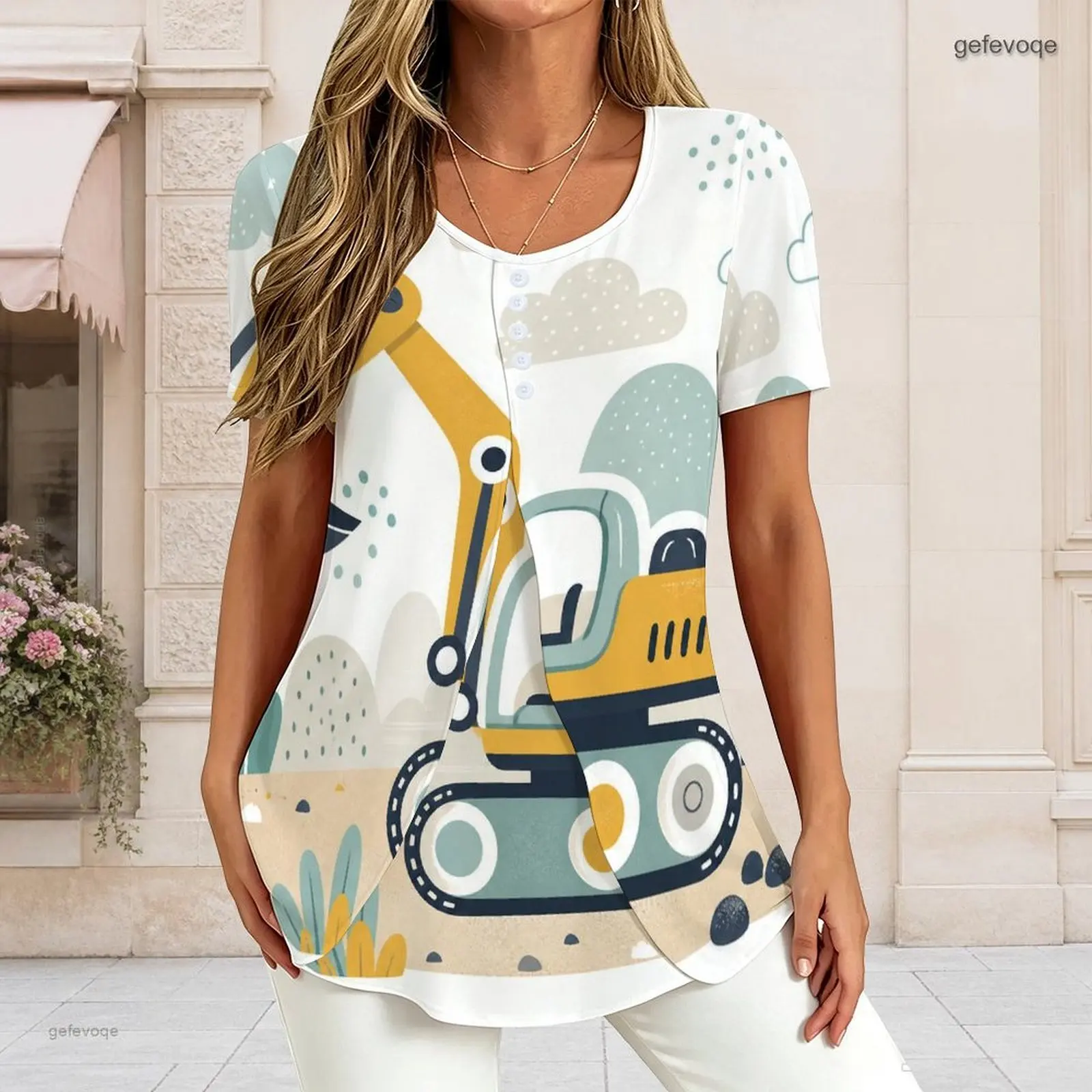 Women V Neck Short Sleeve T Shirt Half Button Placket Fake Two Piece Layered Curved Hem Loose Tunic Top Custom Print Ladies Casu