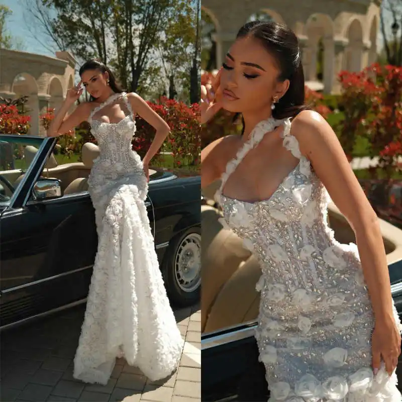 

Princess Crystals Mermaid Bridal Gowns One Shoulder Sleeveless Wedding Dresses Hand Made Flowers Customized Vestidos De Noche