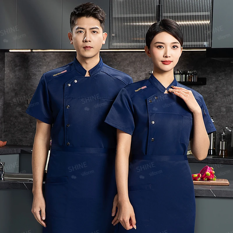 Uniforme de Chef de manga corta para hombre, chaqueta de cocina, delantal blanco, ropa de trabajo, logo, pantalones cortos de Chef, abrigo de Chef de restaurante transpirable de verano