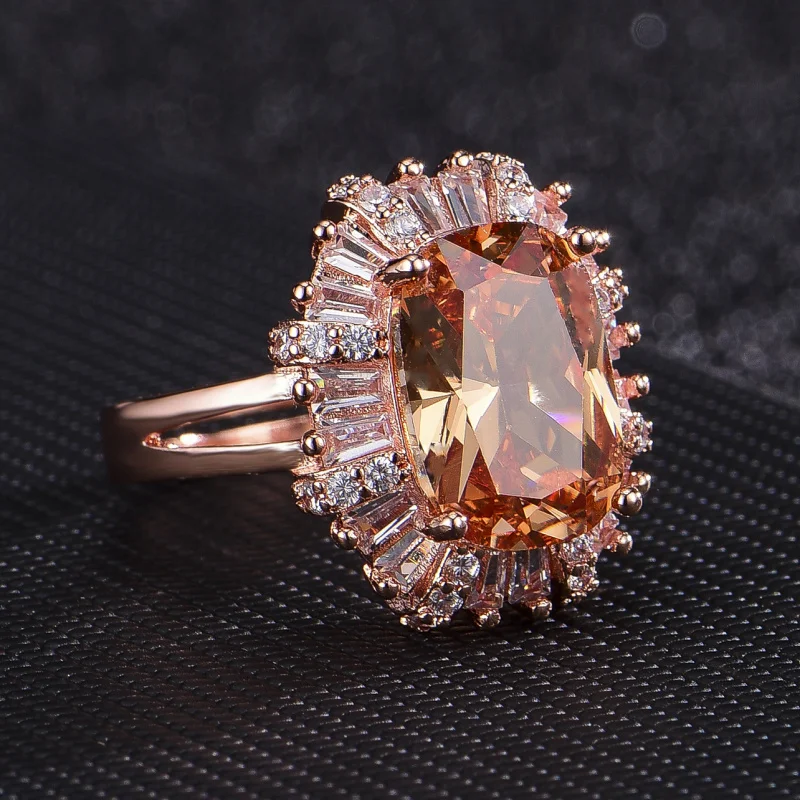 New European and American Style Elegant Rectangular Champagne Zircon Closed Open for Women 18K Rose Gold Plated Ring