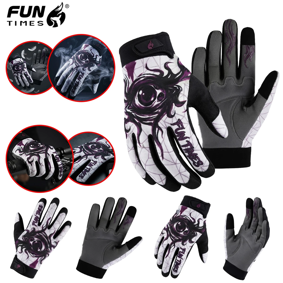 FUNTIMES trendy brand one eyed printed cycling gloves with sensitive touch screen, four season full finger gloves