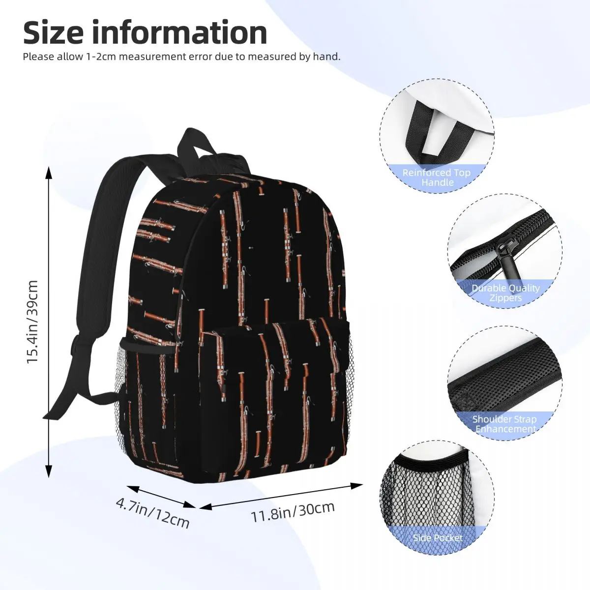 Bassoon On Black Backpacks Boys Girls Bookbag Casual Students School Bags Laptop Rucksack Shoulder Bag Large Capacity