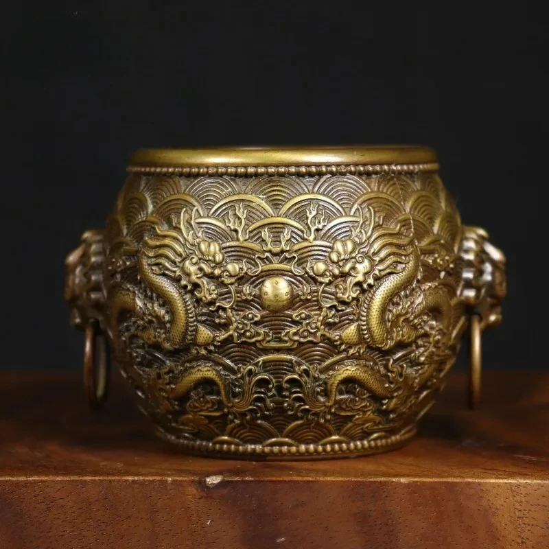 Pure Copper Double Dragon Playing with Pearl Double Ring Lion Head Dragon Pattern Vase Home Desktop Ornament Collection