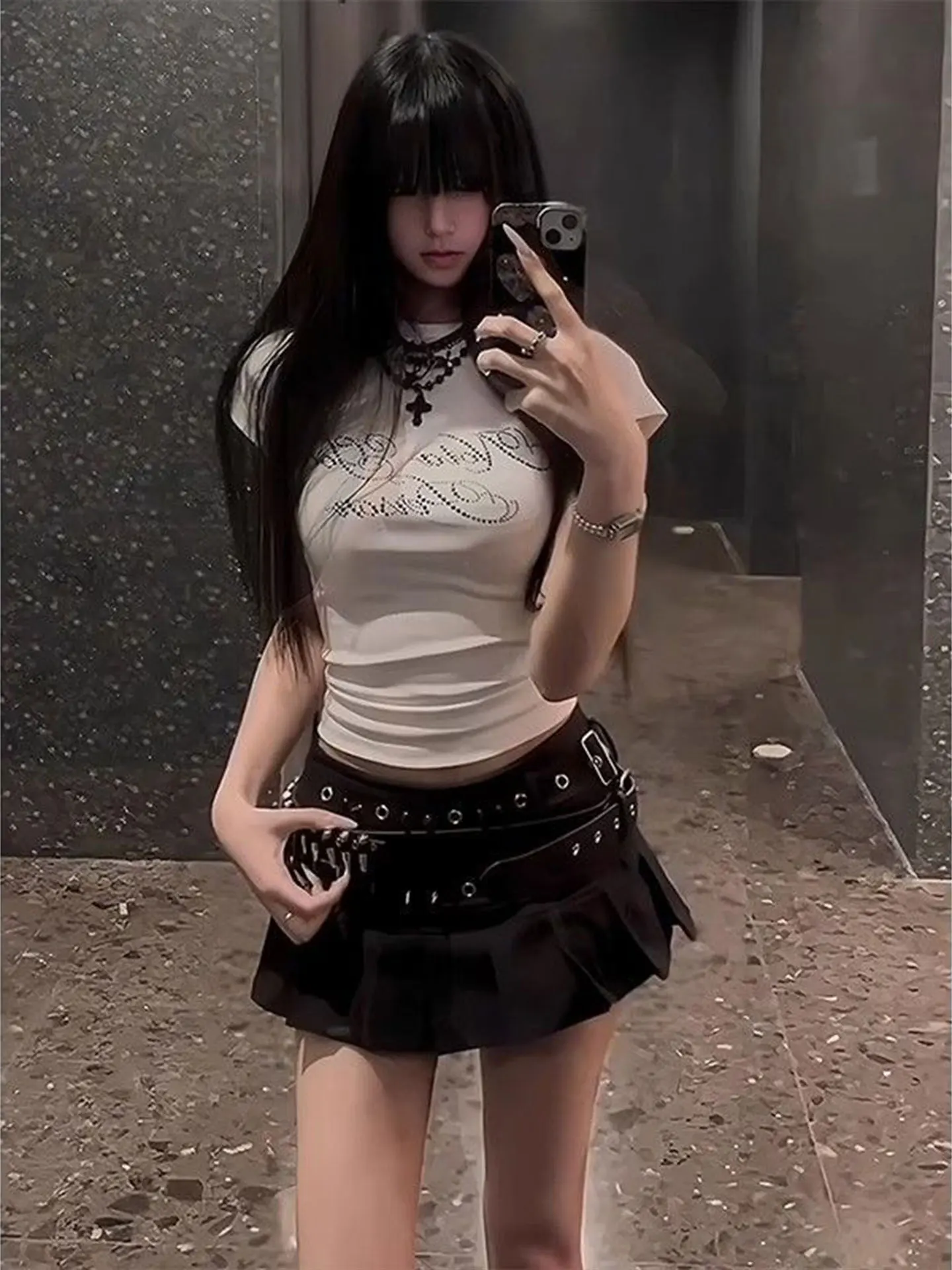 Falda Y2K Millennium Punk Sle ort para mujer de talla grande, falda plisada de cintura baja con remaches Bla para trabajo pesado