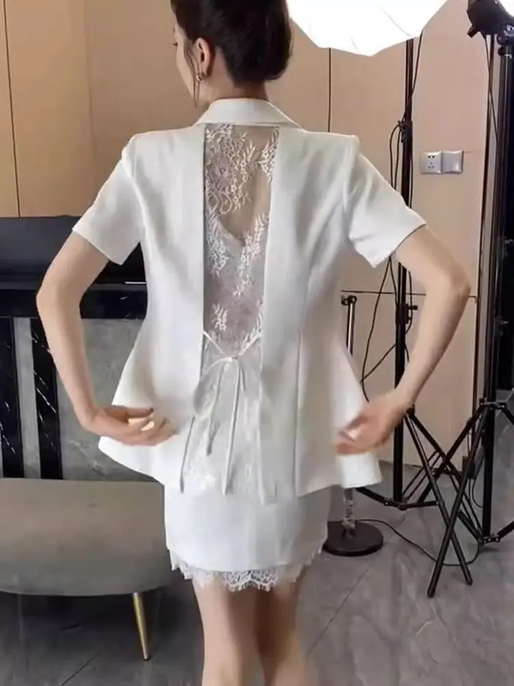 Fashion Suit 2025 Spring and Summer New Solid Color Lace Backless Short-sleeved Top and Skirt