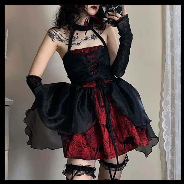 

Japanese Harajuku Girls High Waist Full Dress, Gothic Black Bandage Splicing, Kawaii Fashion, Hot Girl, New