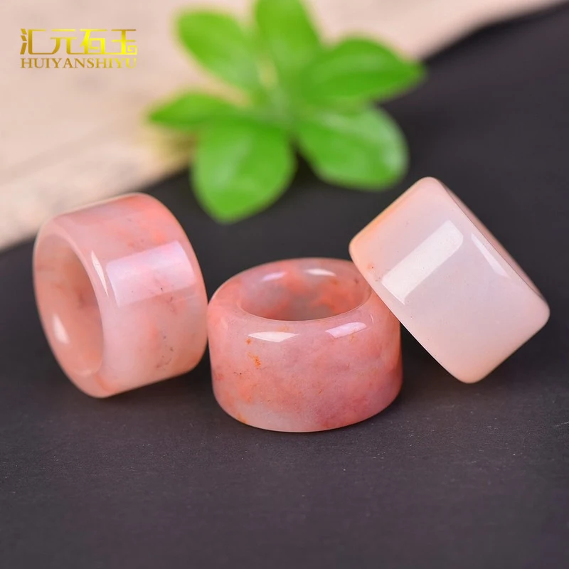 

Natural peach blossom inlaid , golden silk white , couple's , Tianshan green jade ring, supply source