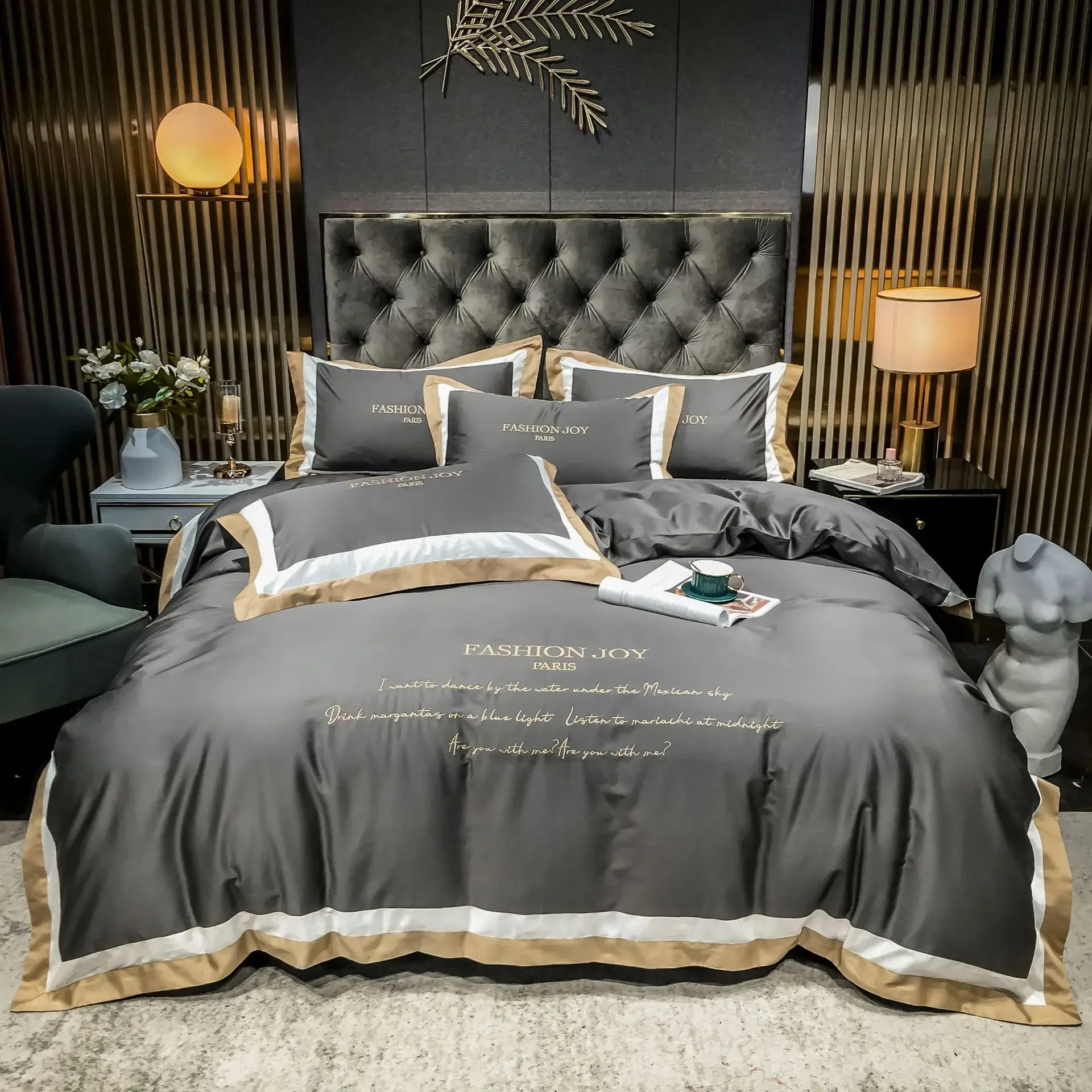 Customizable 60 long-staple cotton splicing embroidered plain four-piece set of sheets cotton new bedding