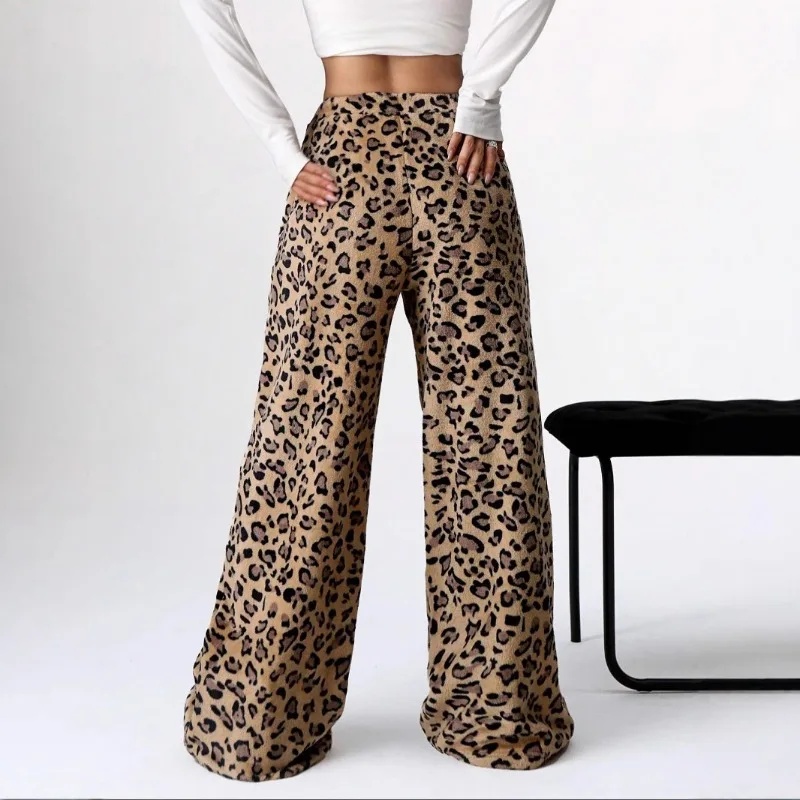 New Women's Casual Leopard Print Wide-leg Pants Spring and Autumn Elastic Waist Trousers Fashion Female Loose Pants Lace-up