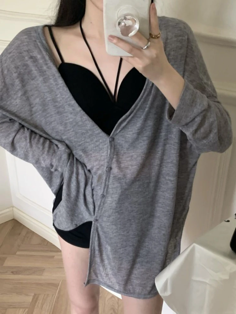 Long Sleeve T-shirts Women Solid Loose V-neck Cozy Thin Summer Sun-proof Design Spring Футболка Женский All-match Ulzzang Style