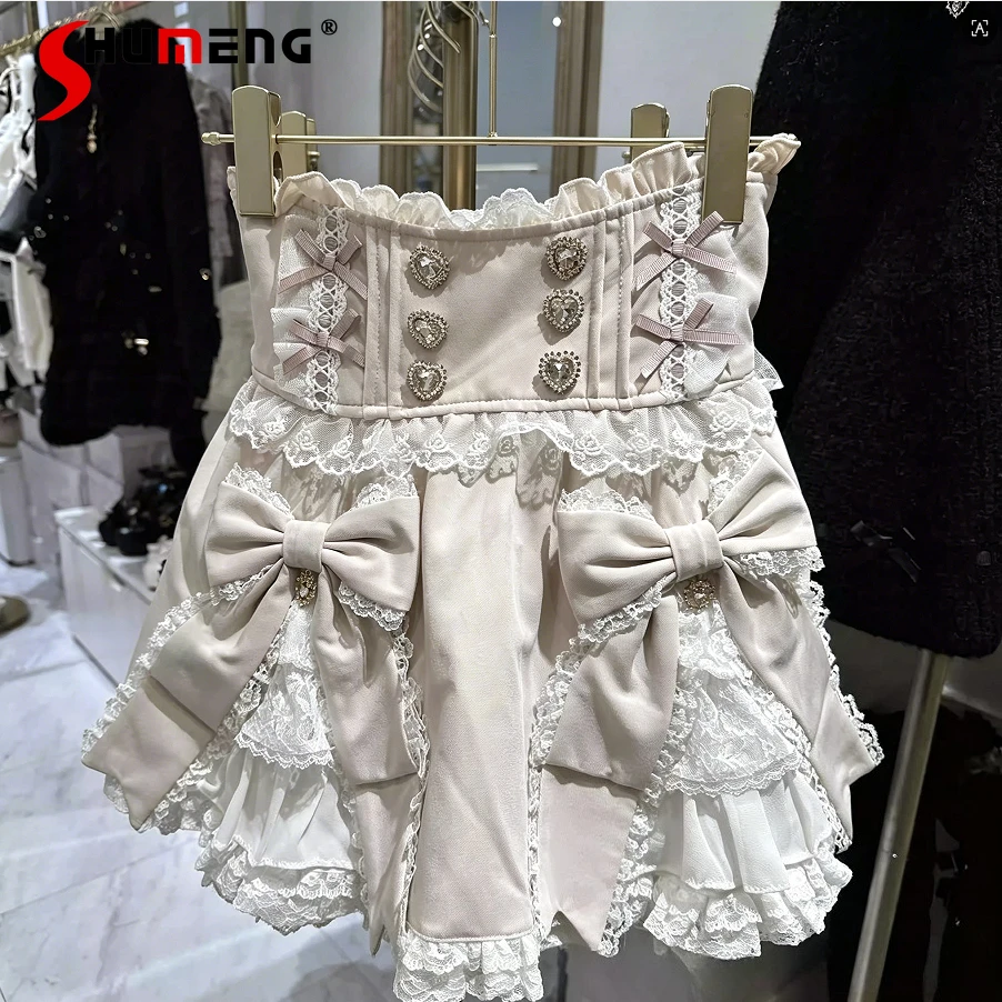 

Japanese Sweet Cute High Waist Slim Pink Lolita Skirt Spring and Summer New Kawaii Girls Bow Lace Splicing Mini Skirt for Women