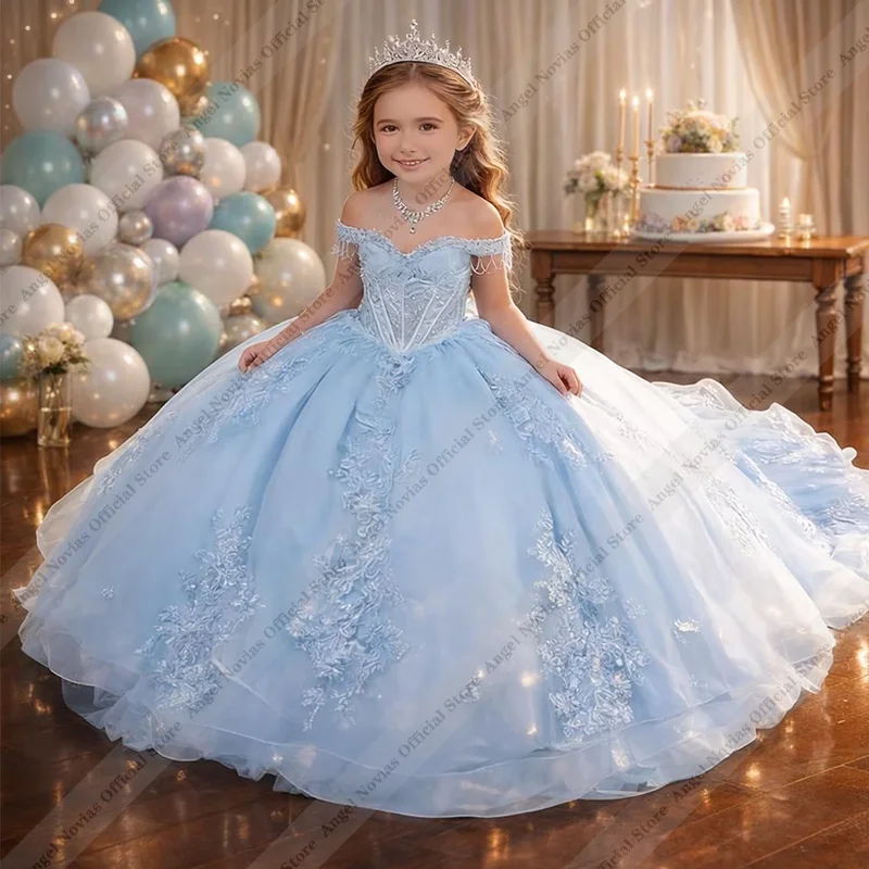 

Customized Gorgeous Flower Girl Dress Exquisite Blue Tulle Fluffy Applique For Little Girls Birthday Party Beauty Pageant Gowns