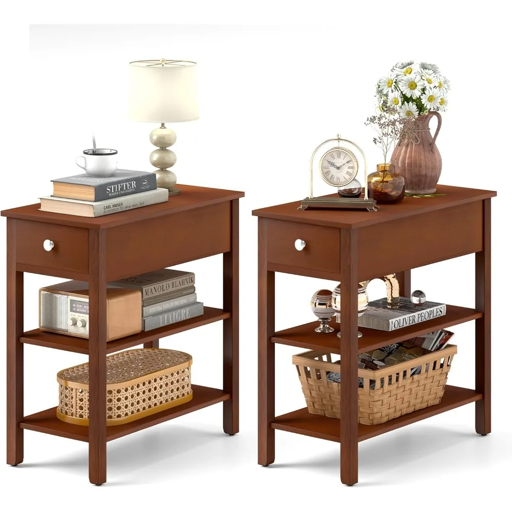 

Набор узких торцевых столиков из 2 шт., приставные столики для фермерского дома с выдвижным ящиком и полками для хранения, деревянные приставные столики для дивана, трехъярусные тумбочки для S