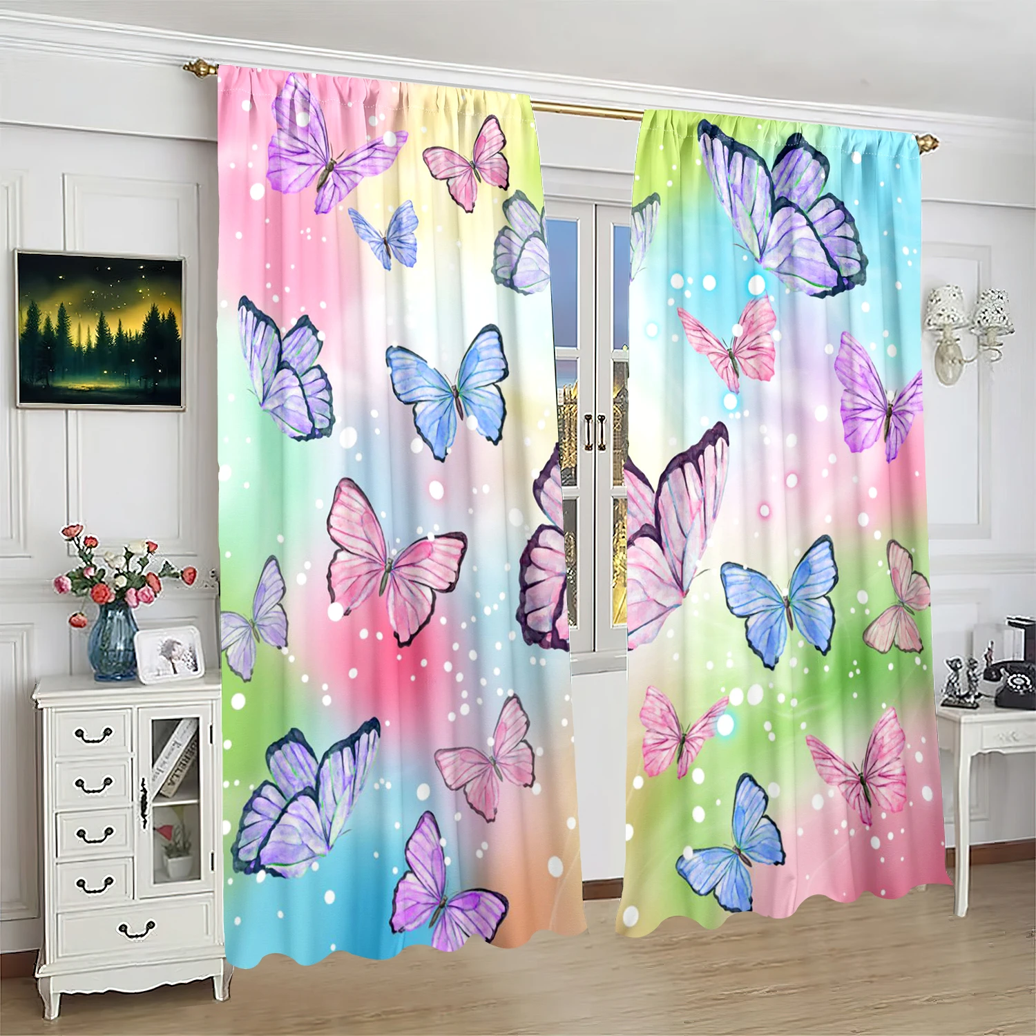 

Butterfly Garden Print Curtains 2-Piece Polyester Set for Bedroom Living Room Study Delicate Winged Window Treatment