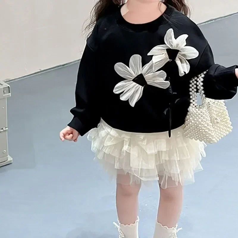 2024 Kids Sweatshirt Infant Toddler Hoodie Baby Girl Princess Lace Flower Cotton White Black Baby Clothes Autumn Children Top