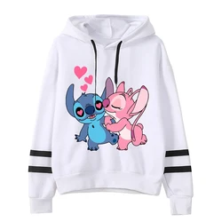 Disney Stitch Women Hooded Sweatshirt Patchwork Drawstring Hoodies Fashion Stripe Cute Printed Pullover Autumn Long Sleeve Shirt