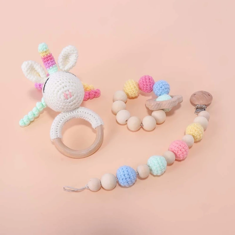 Crochet Animal unicorn Pacifier Clip Rattle Toy Soother Bracelet Wooden Teether Ring Baby Product Mobile Pram Crib Wooden Toys