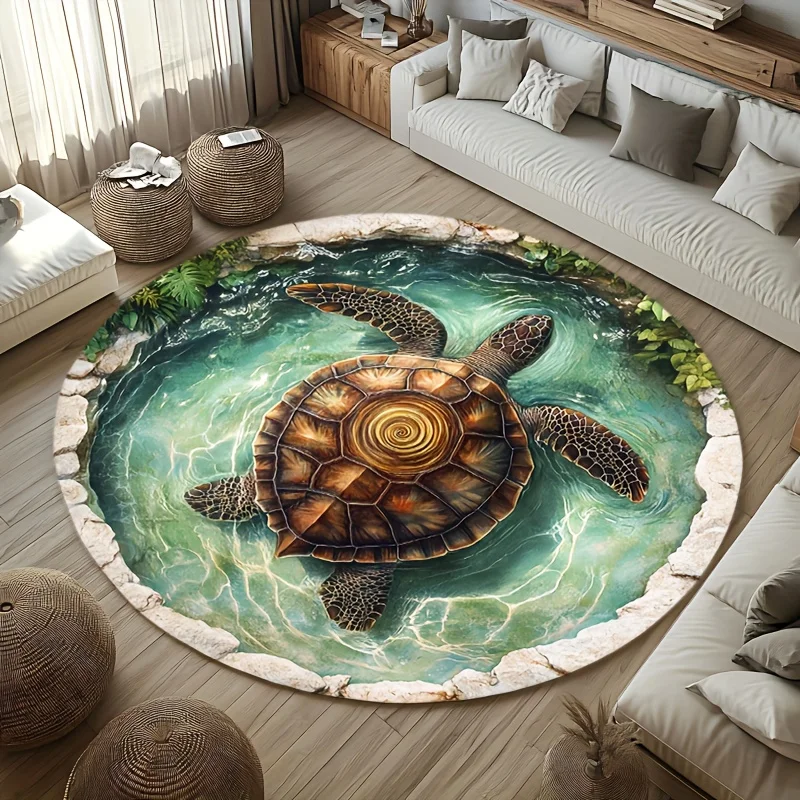Round Flannel Rug With Realistic Turtle In Water Pattern Tropical Marine Style Home Decoration Soft Non Slip Area Carpet