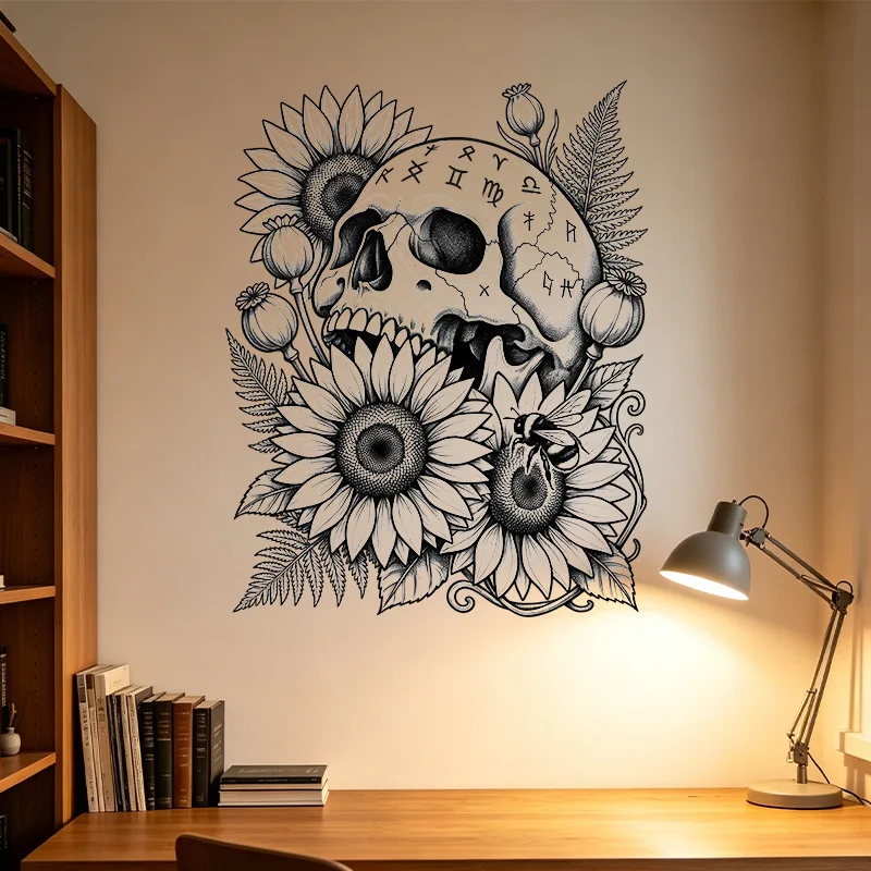 Halloween Self-Adhesive Wall Stickers, Printed Skull Symbiotic Sunflower Wall Decals for Horror Scene Atmosphere Layout