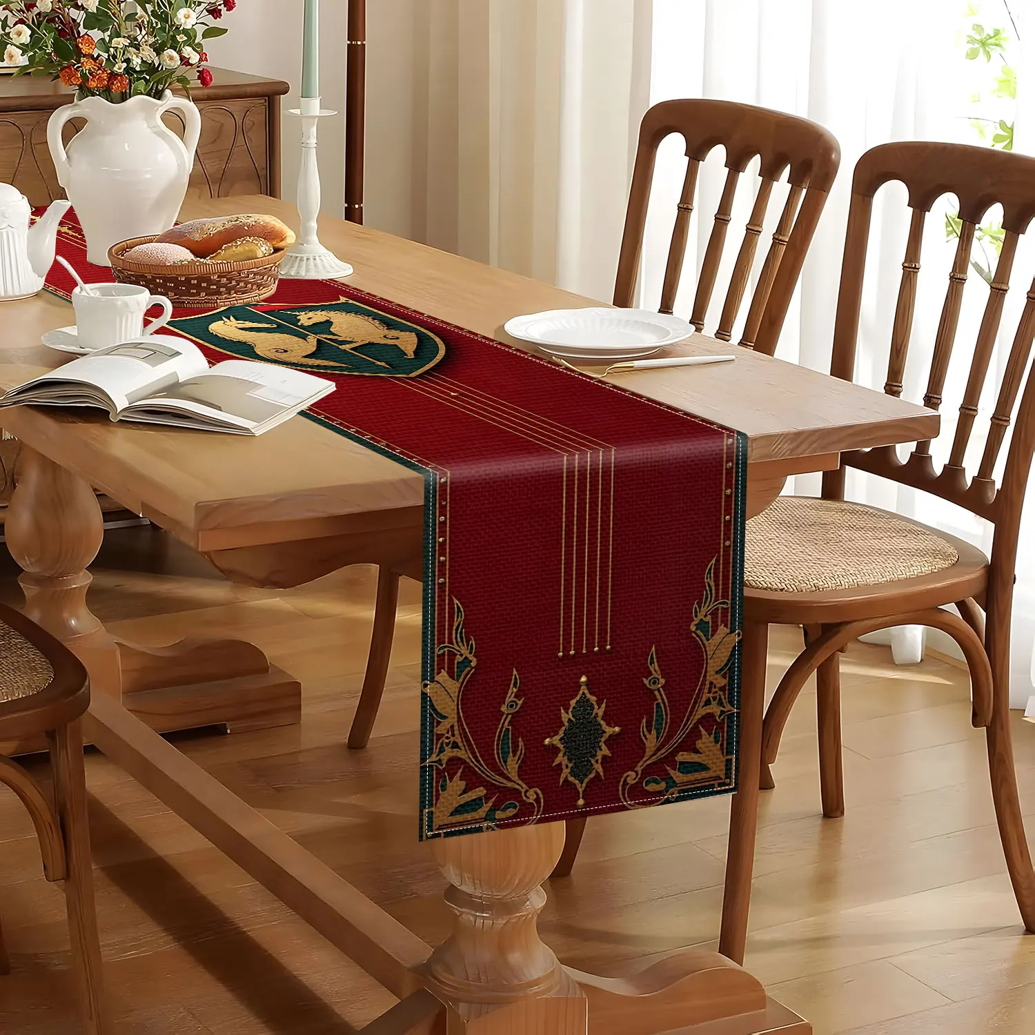 1 Piece of Medieval Pattern Theme Table Runner, with Golden Unicorns, Shield and Gorgeous Patterns, Suitable for Medieval Banquets, Castle Theme Events, Dreamy Weddings, and Birthdays