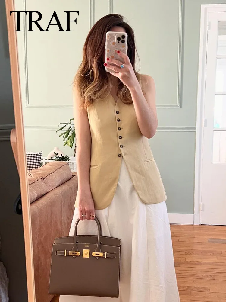 TRAF 2024 Woman Fashion Summer Skirt Suits Khaki V-Neck Sleeveless Vest Waistcoats+High Elastic Waist Casual Loose Mermaid Skirt