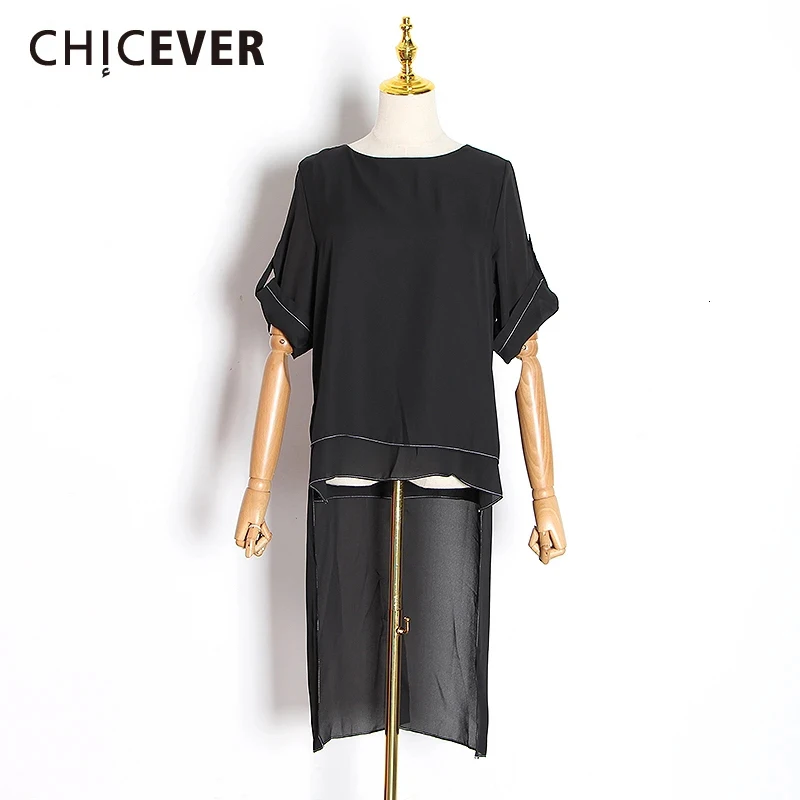 

CHICEVER Asymmetric Hem T-shirt For Women O Neck Short Sleeve Loose Casual Oversize Shirt Female Minimalist Fashion Clothes New