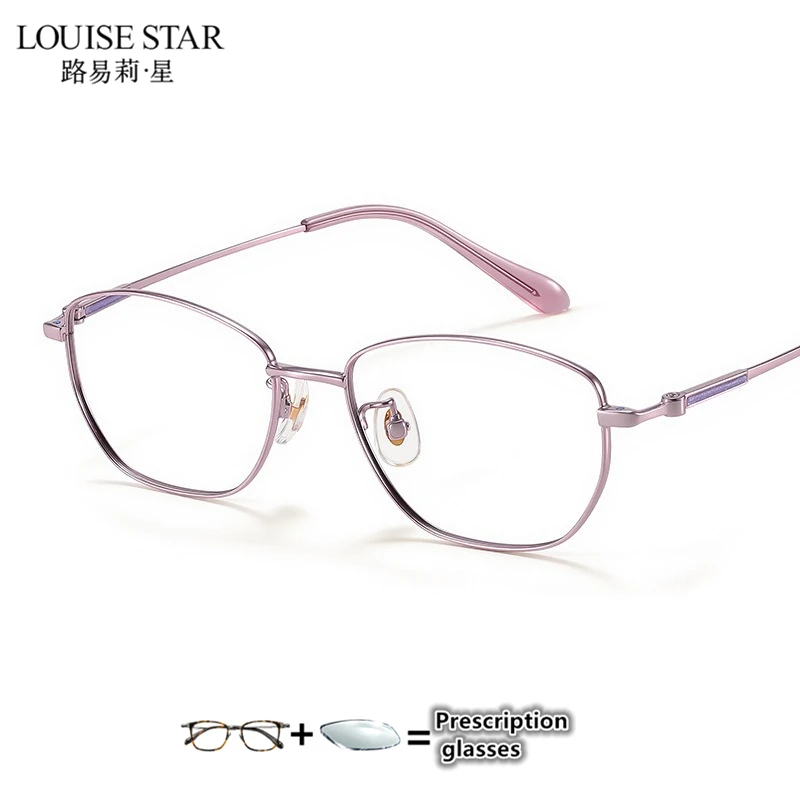 LOUISE STAR Pure Titanium Women's Glasses Frame Pink Purple Polygonal Prescription Optical Glasses Frame Ultra Light
