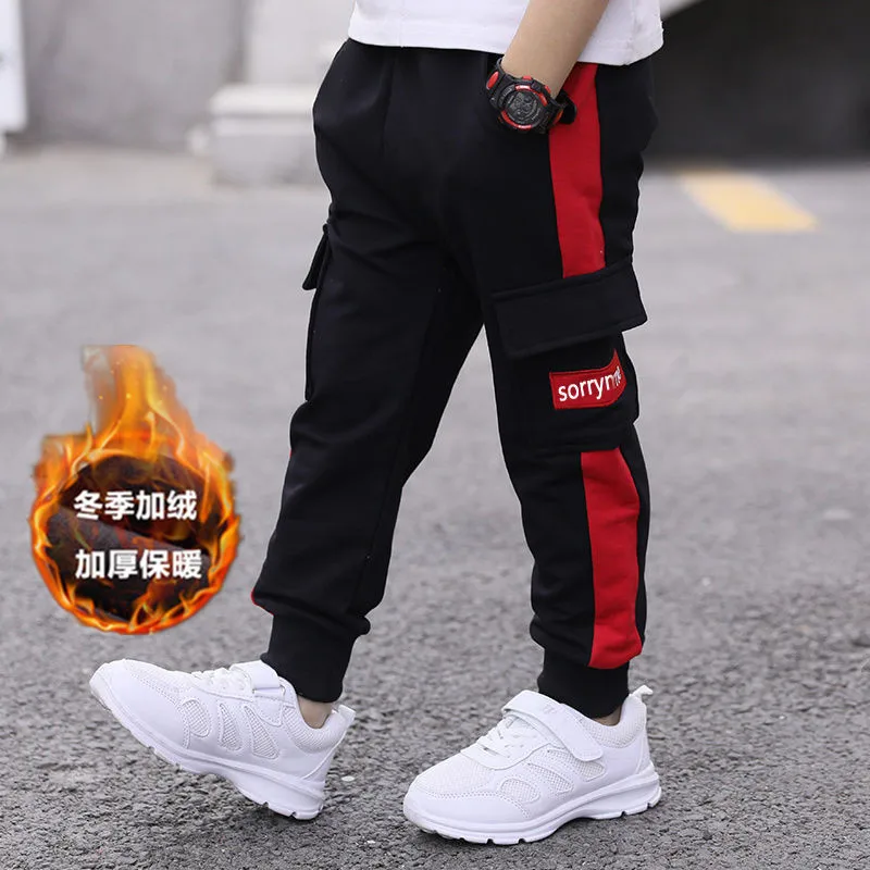 Children\'s pants Autumn Winter handsome boys velvet thickening big pocket overalls boys keep warm casual Sports pants 3-12Y