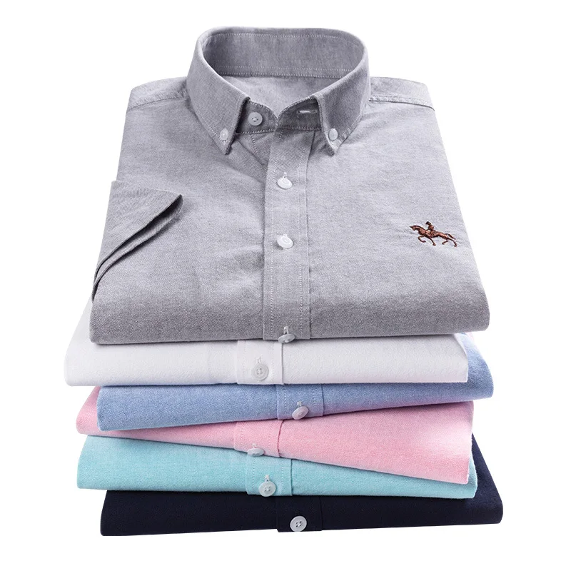 Classic Stripe Plaid Shirt Men Short Sleeve 100% Cotton Oxford Men Shirt Short Sleeves White Blue Fashion Business Forma Social