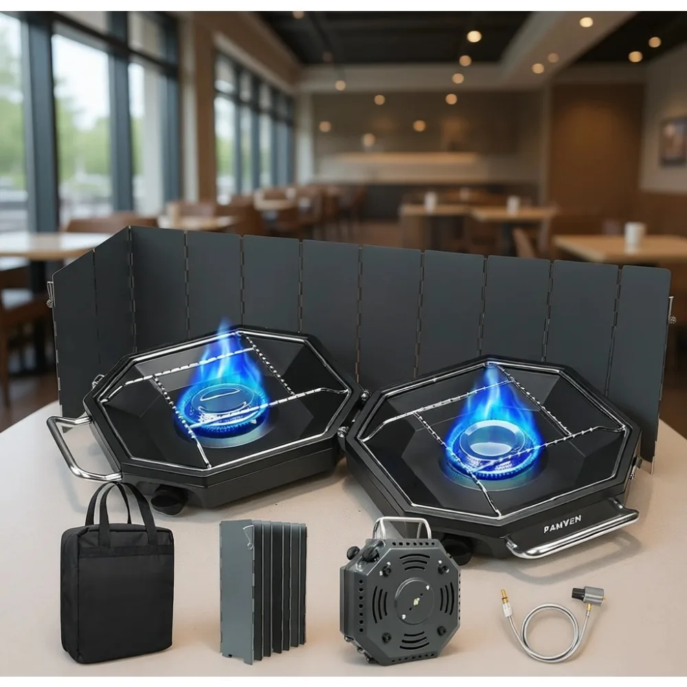 

Portable 20000 BTU Dual Burner Propane Camping Stove Windscreen Carry Bag Regulator Picnic BBQ