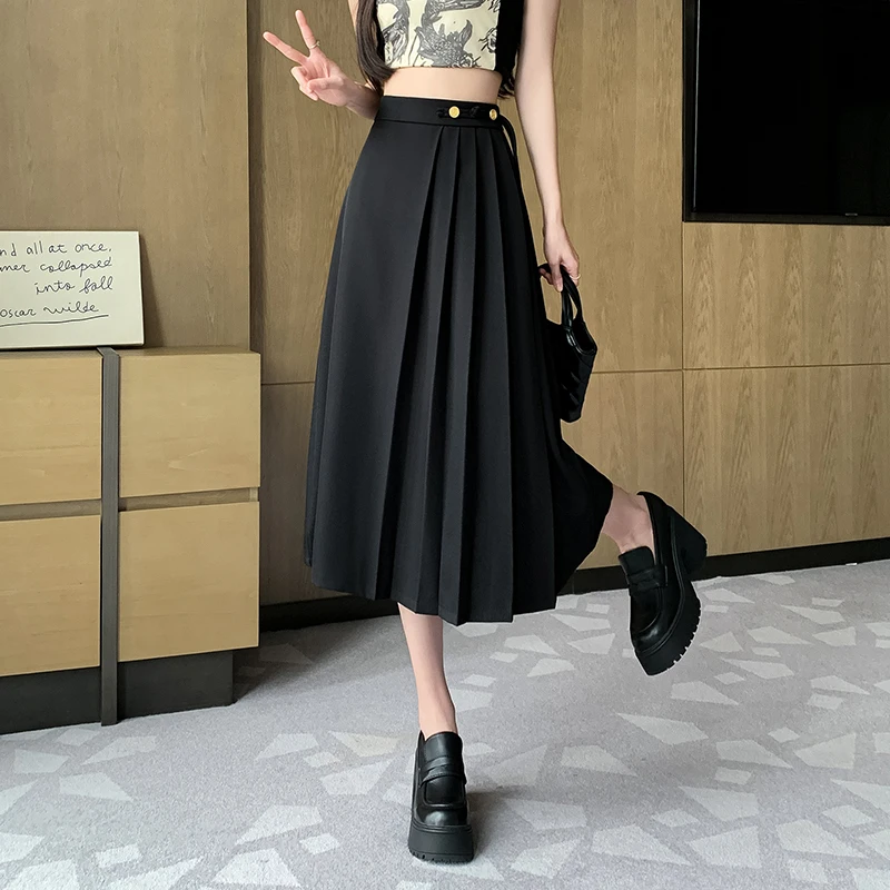 Seoulish Solid Color High Waist Women\'s Pleated Skirts Summer 2024 New Office Lady A-Line Mid Length Casual Skirts Female Spring