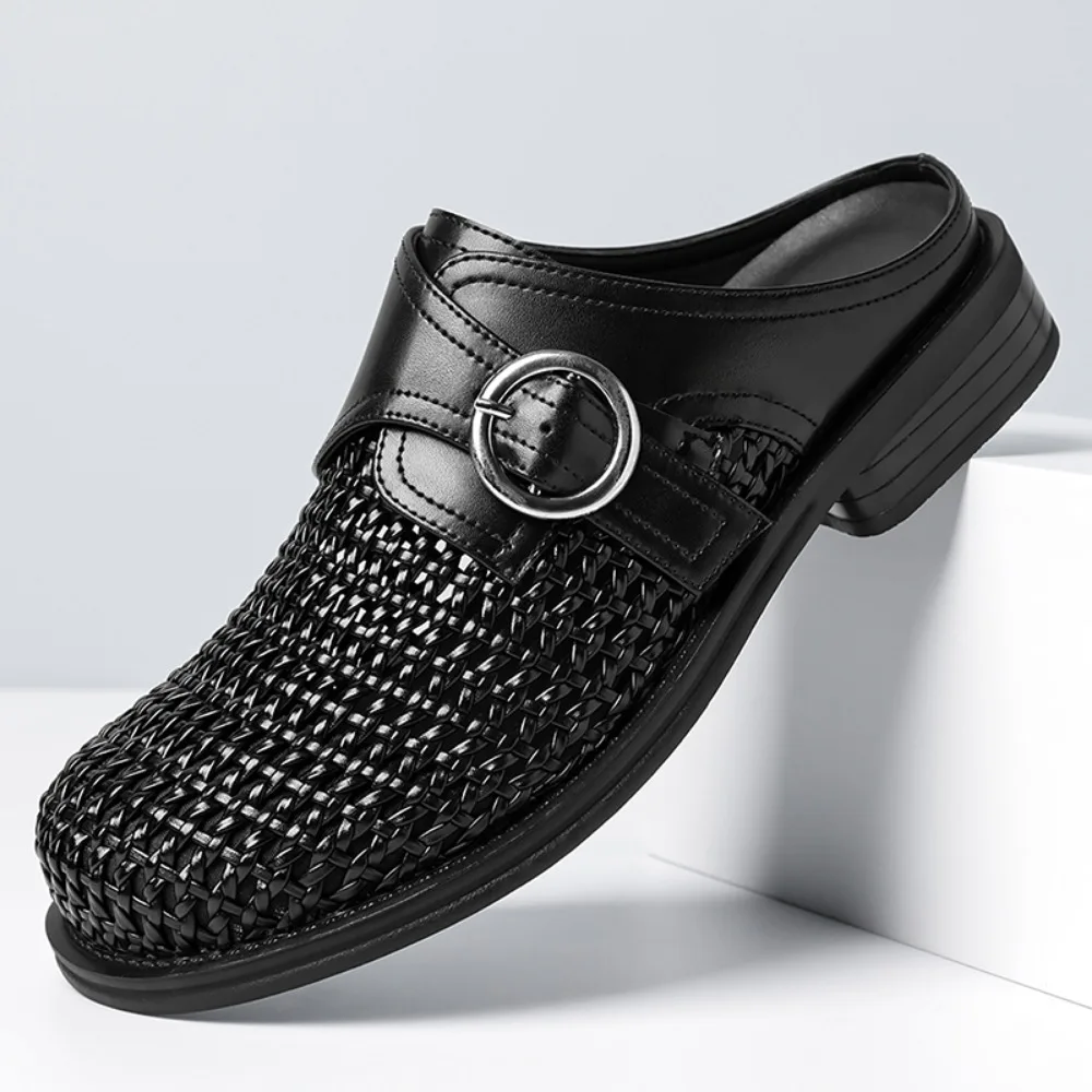 

Spring Summer New Half Slippers for Men Black Buckle Designer Fashion Mules Male Business Casual Soft Sole Leather Shoes Man