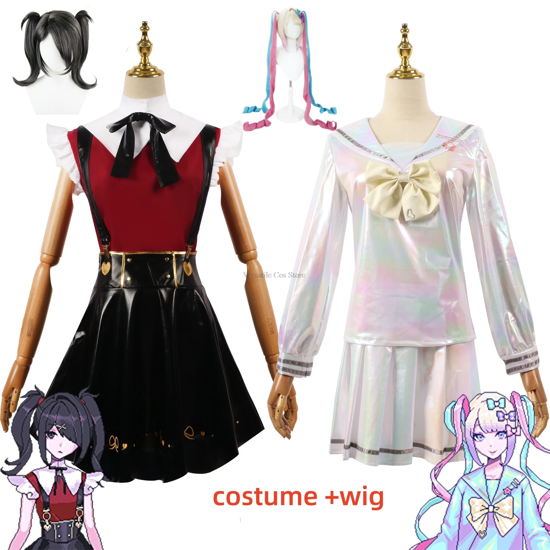 Game Needy Girl Overdose Cosplay Costume Wig Anime JK Uniform Leather Skirt Set Abyss KAngel Ame Chan Women Cosplay Costume