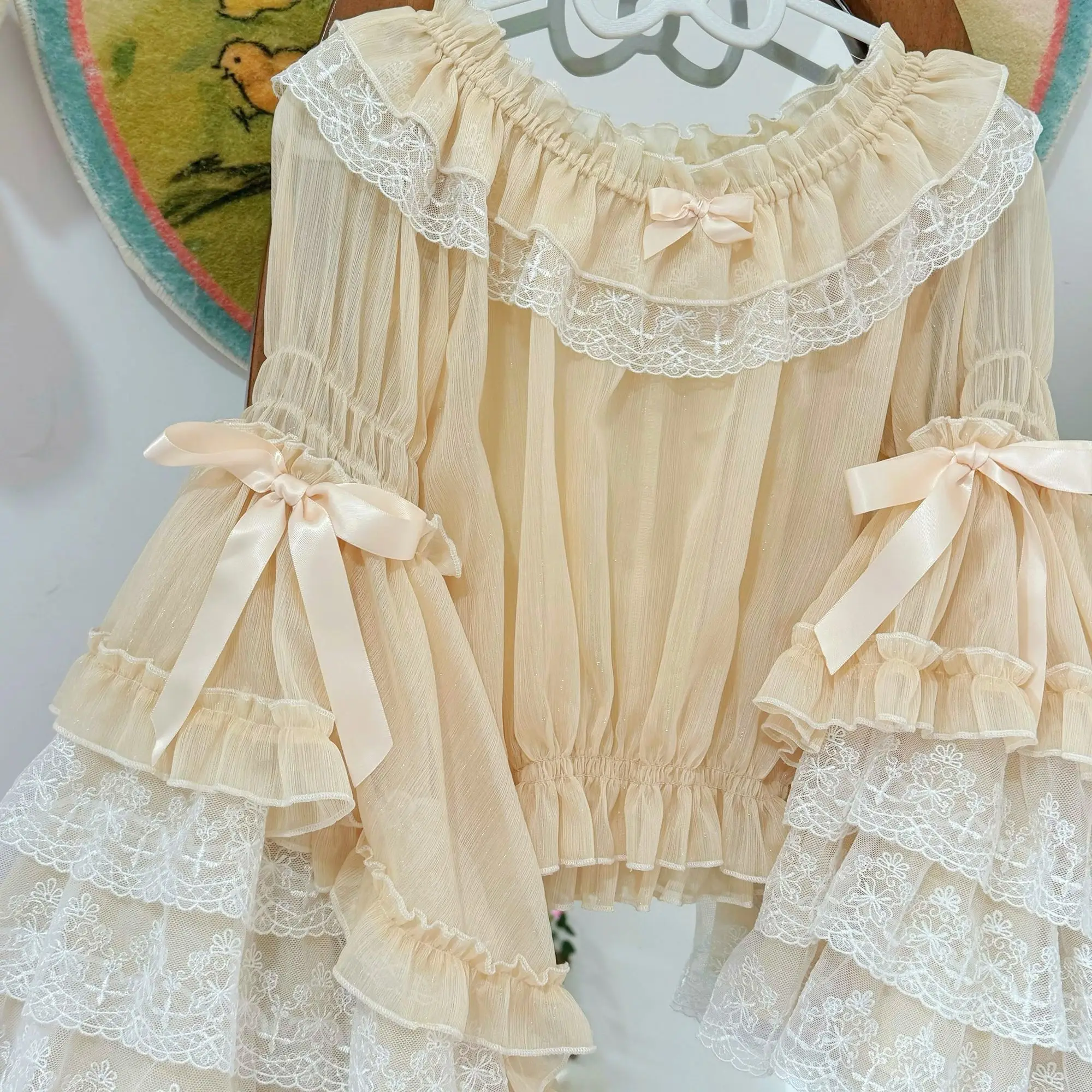 المرأة الفيكتوري الحلو مقوس دانتيل Y2k لوليتا البلوزات الكشكشة مضيئة كم قمصان اليابانية Kawaii قميص Mujer بلايز فساتين