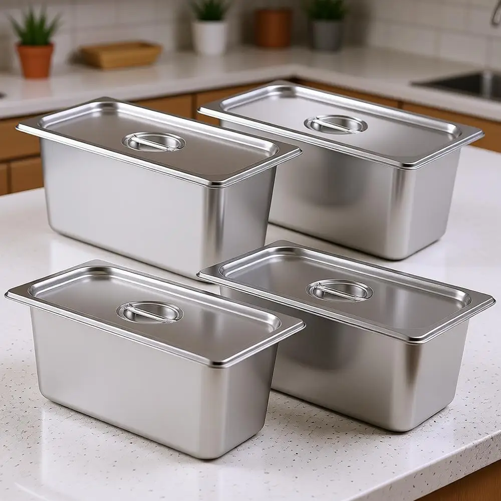 

4 Pack Stainless Steel 1/3 Size x 6 Inch Deep Table Steam Pan Restaurant Supplies Reusable Anti Rust Catering Storage or Home, P