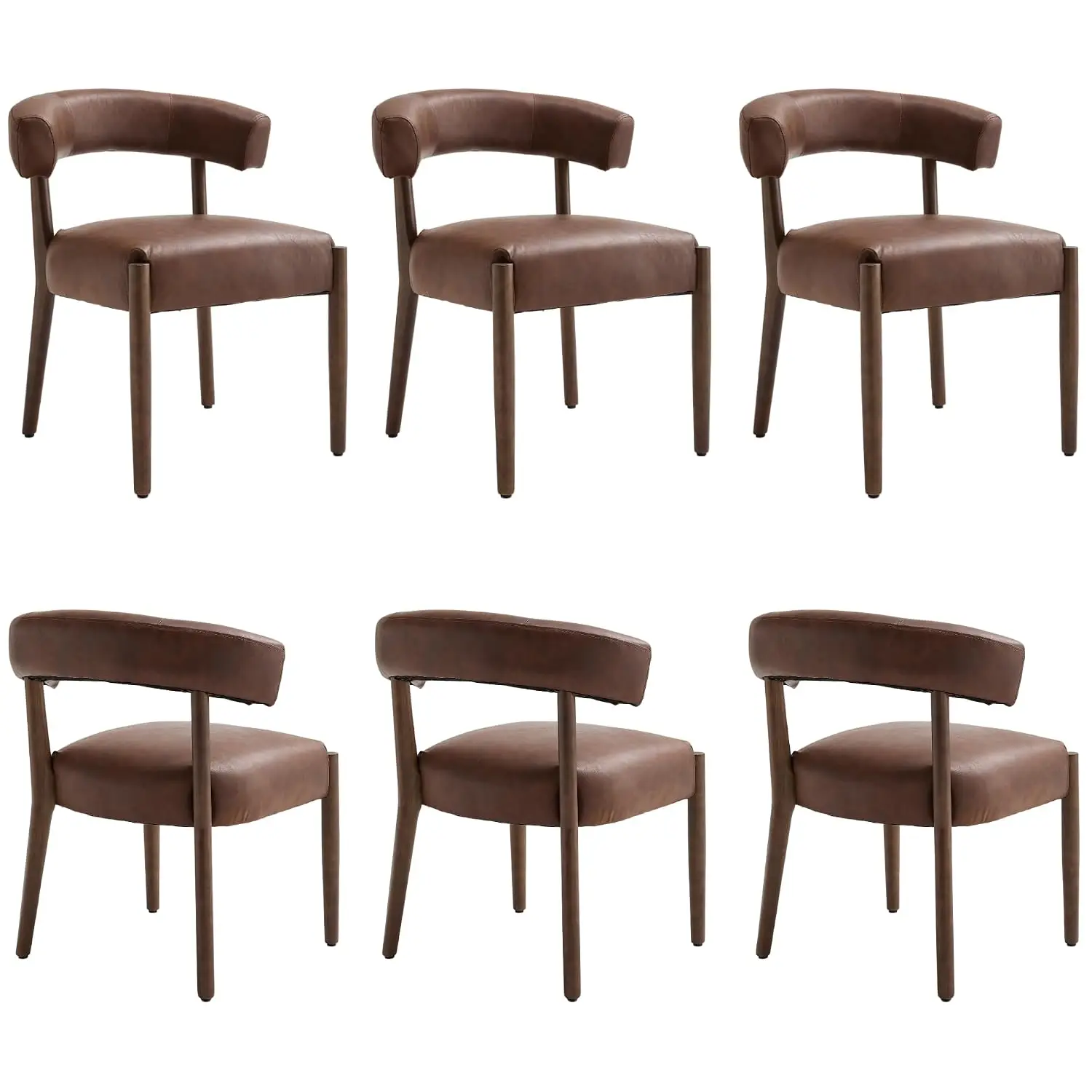 Mid Century Dining Chairs 6pcs, Curved Open Back Faux Leather Side Chair for Kitchen Living Room Restaurant, Brown, Customized