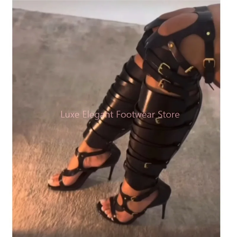 

Gold Patent Leather Buckle Strap Hollow Rivet Sandals Boots Women Open Toe Back Zipper Knee High Boots Sexy Punk Gladiator Shoes