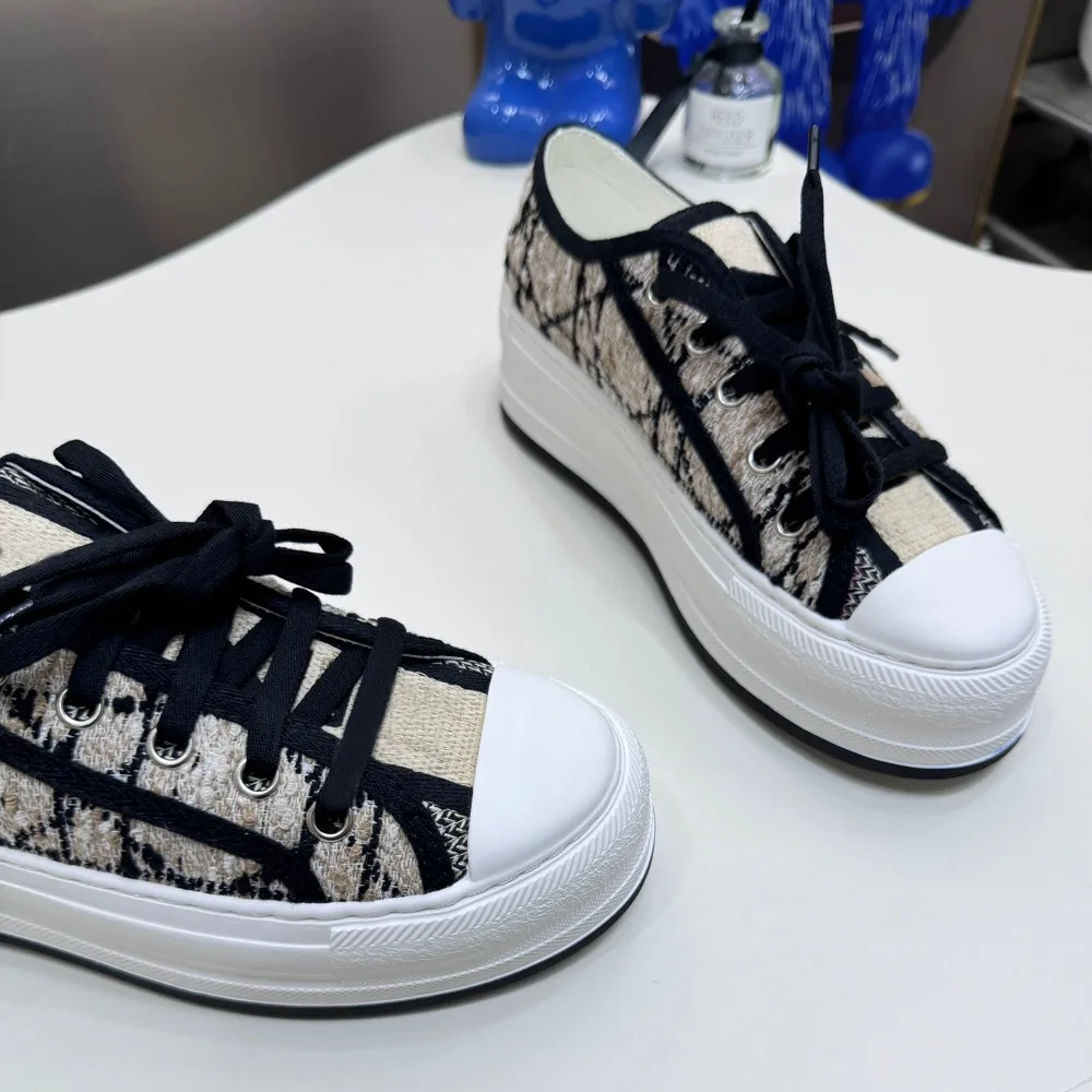 fashion Women Shoe Brand Designs New Thick Soled Canvas Shoes Casual Shoes Breathable Rattan Plaid Lightweight and Durable SL003