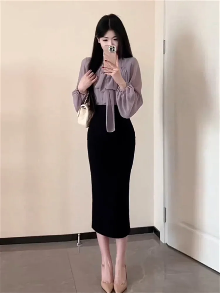 E Falda Larga de Cintura Alta con Elástico, Falda de Media Pierna para el Trabajo, Estilo Casual, con Abertura Trasera...