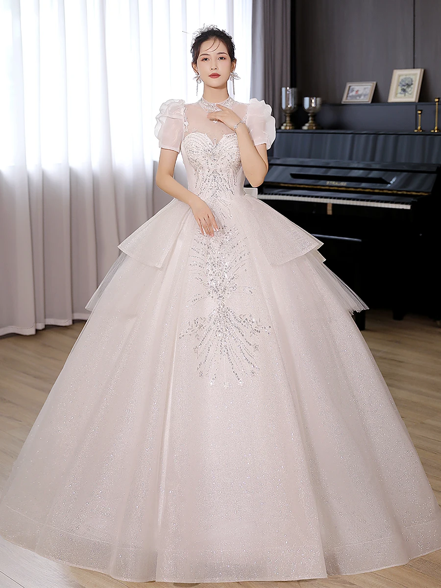 Floor Length Wedding Dresses High Neck Puffy Sleeve Wedding Gowns Shining Luxury Dress Plus Size Vestido Noiva Praia Customized