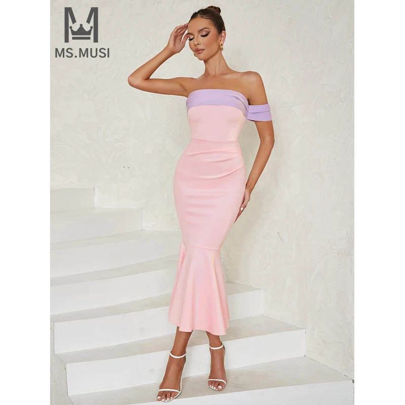 

MSMUSI 2024 New Fashion Women Sexy One Shoulder Off The Shoulder Draped Sleeveless Bandage Bodycon Party Club Event Midi Dress