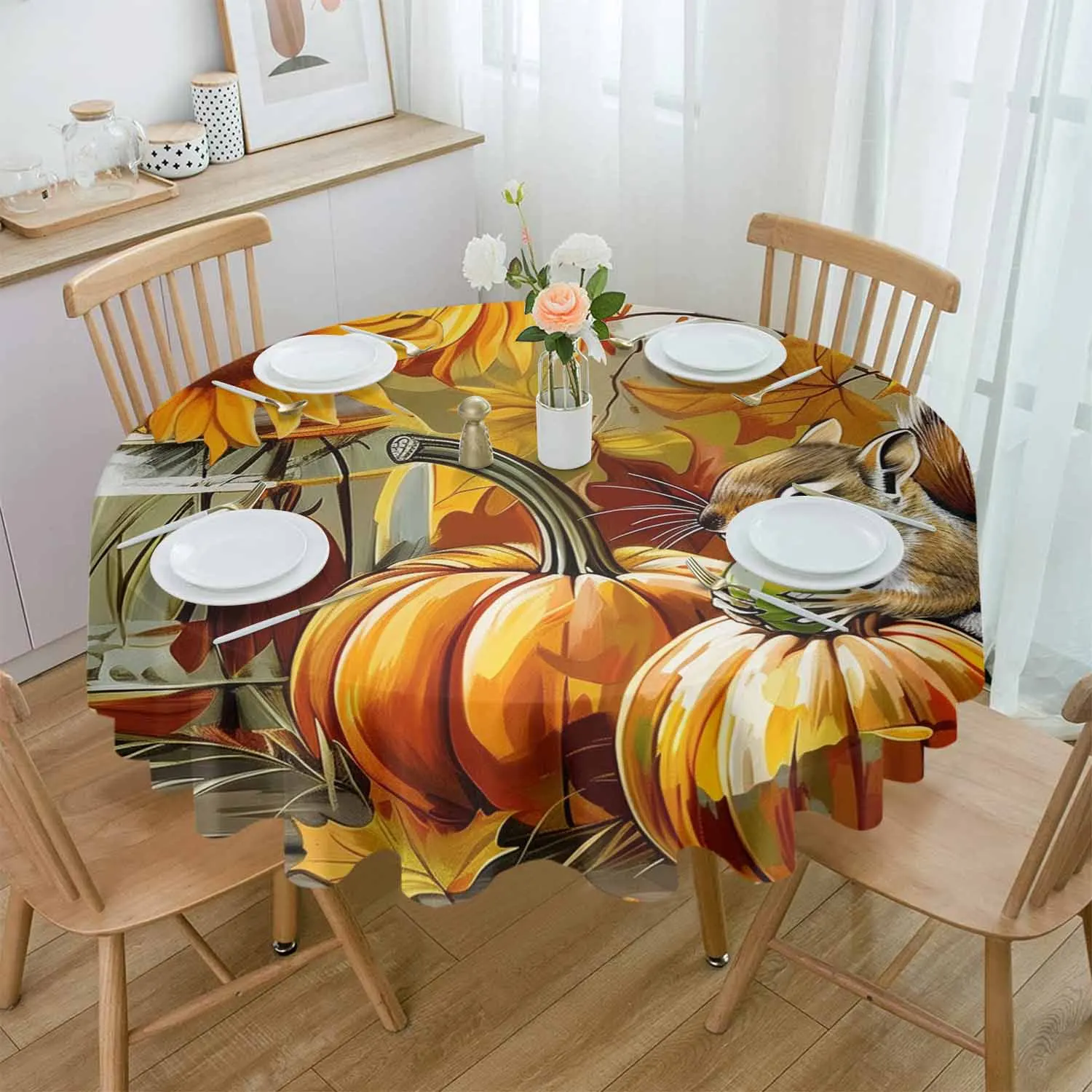 Autumn Pumpkin Squirrel Oil Painting Table Cloth Festival Dining Tablecloth Waterproof Table Cover for Wedding Party Decor