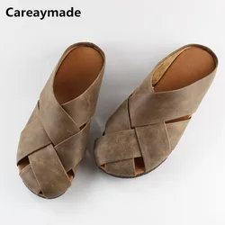 Careaymade-Pure handmade Retro Lazy Half Slippers Women Wear Hollow Baotou Low Heel big size Flat Bottom Slippers,size 34-41